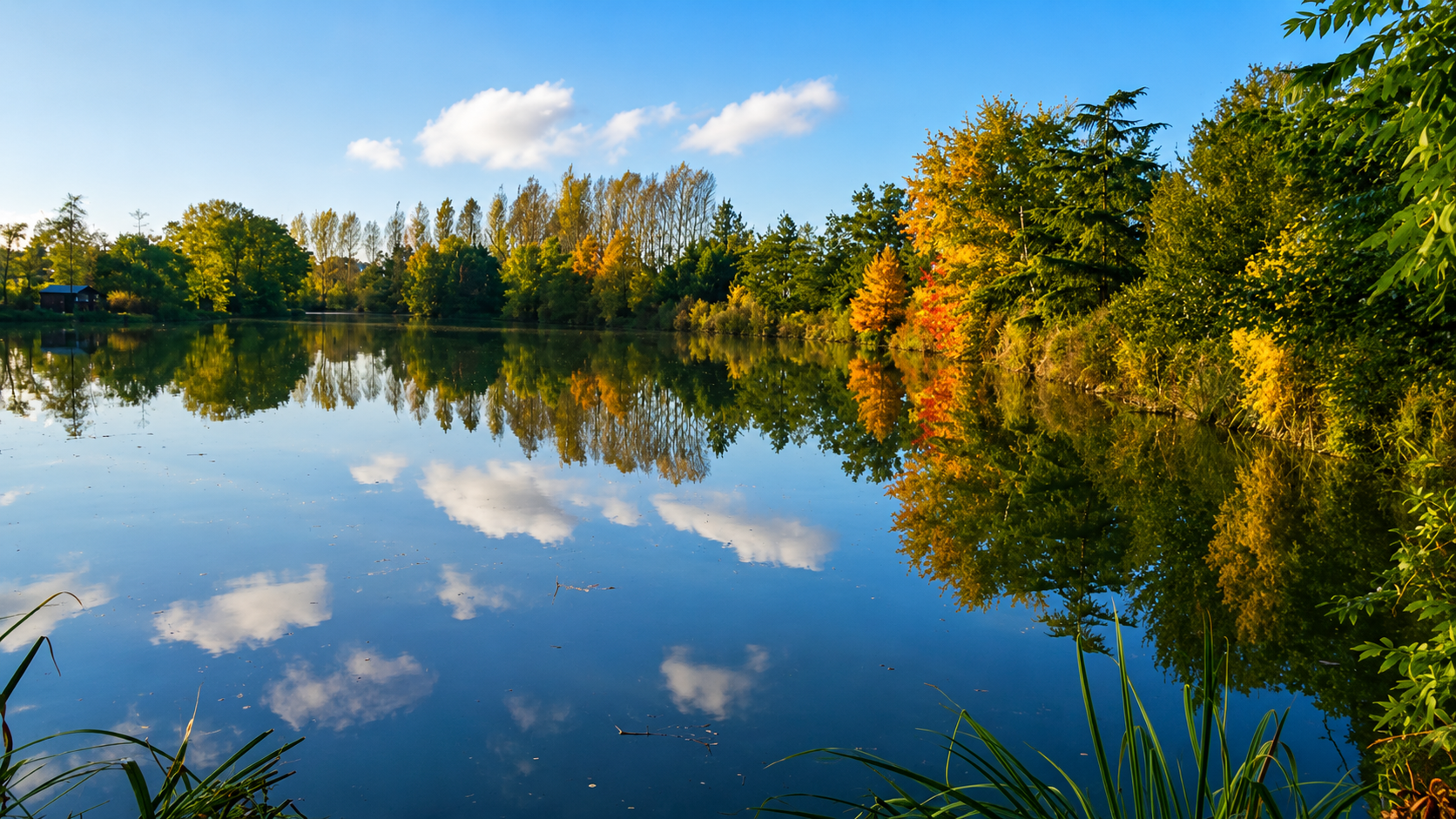 The peaceful lake at L'Étang Chassin surrounded by woodland